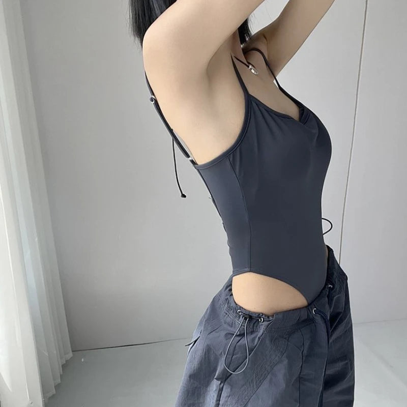 Solid Backless Camis Women Summer with Chest Pad Hollow Out Crotchless Top Sexy American Style Hotsweet Streetwear Slim Thin