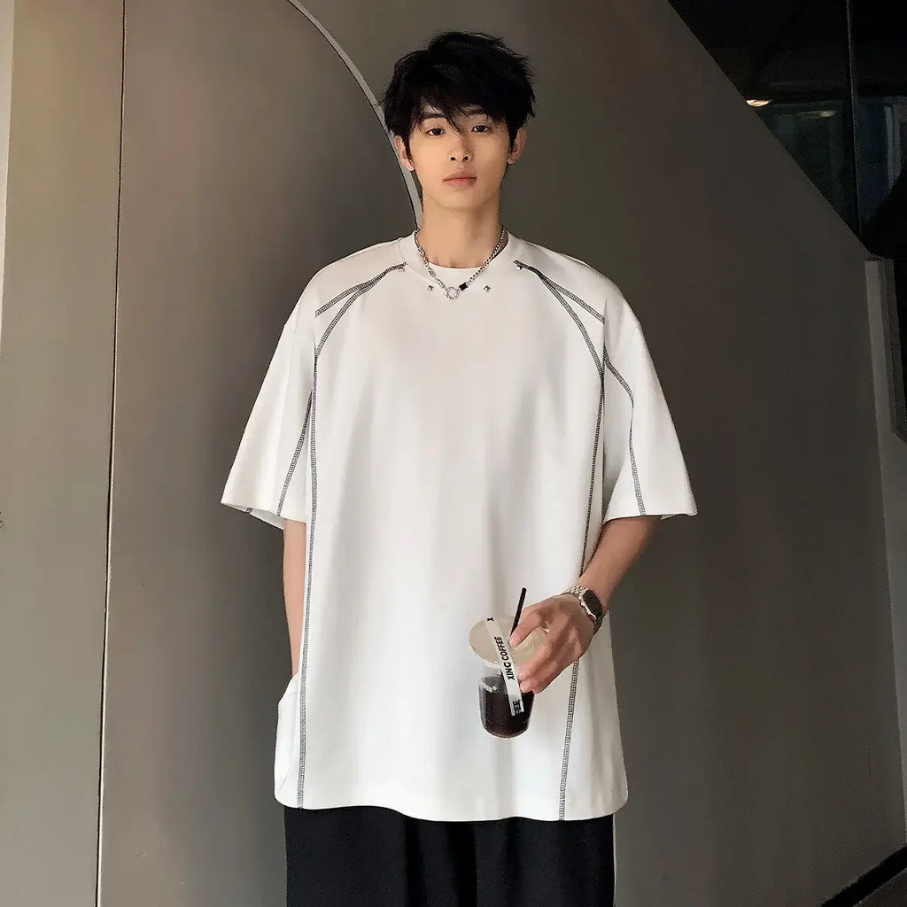 Baggy Male Tees Shirts Black Plain Five-point Sleeve Men's T-shirt Luxury High Quality Aesthetic Clothing Y2k Tops Fashion Party