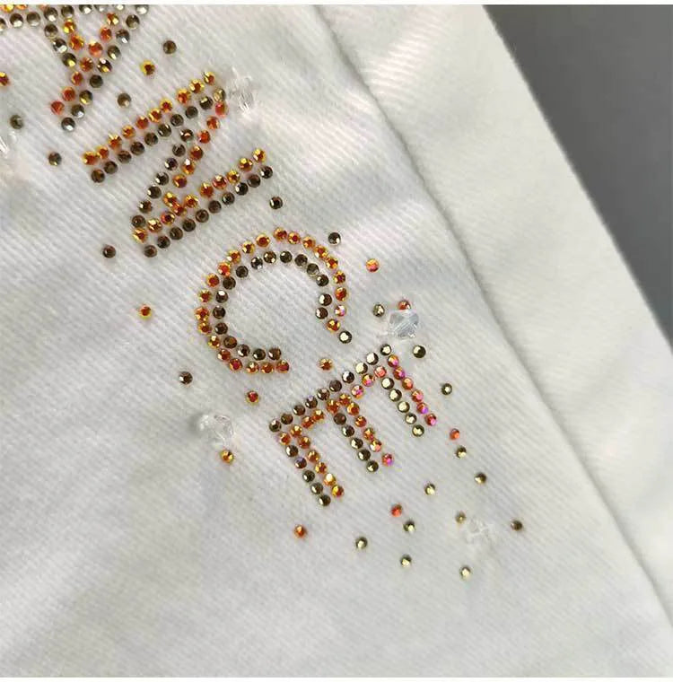 White Denim Shorts Women's 2023 Summer New European Station Loose High Waist Hot Pants Fashion Letter Diamond Jean Pants Ladies