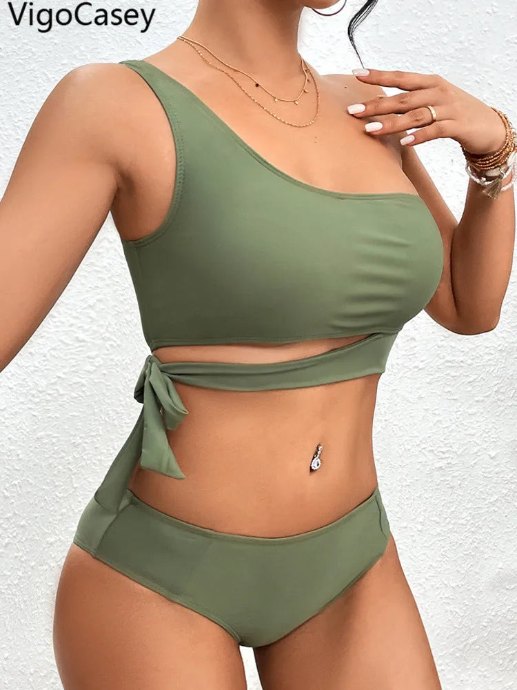 VigoCasey Sexy 2025 One-shoulder Solid Swimwear Women Hollow Push Up Bikini High Cut Lady Swimsuit Brazilian Beach Bathing Suit