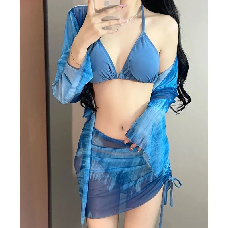 4 Piece Bikini Set Women Blue Tie Dye Mesh Long Sleeve Cover Up with Pleate Skirt Swimsuit Beach Bathing Suit Swimwear