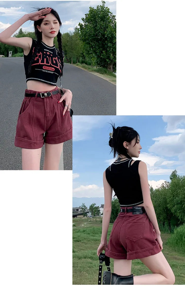Women's Wine Red Denim Shorts High Waist Wide Shorts Harajuku Streetwear Korean Style Y2k Casual Blue A Line Jean Shorts Summer