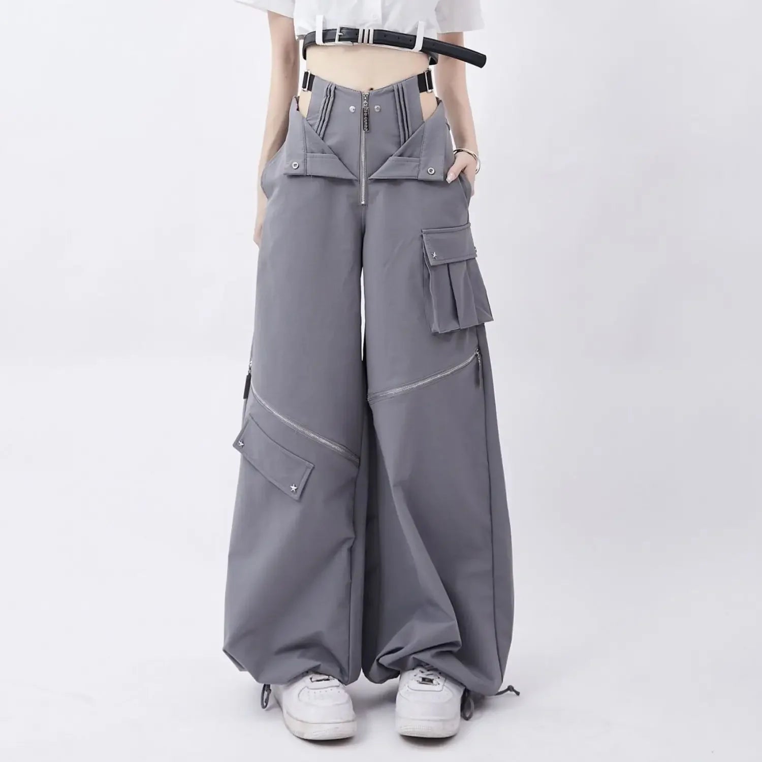 Hollow Out Zipper Design Pants Black Cargo Sweatpants Women Y2k Fashion Baggy High Waist Wide Leg Sport Pants Causal Trousers