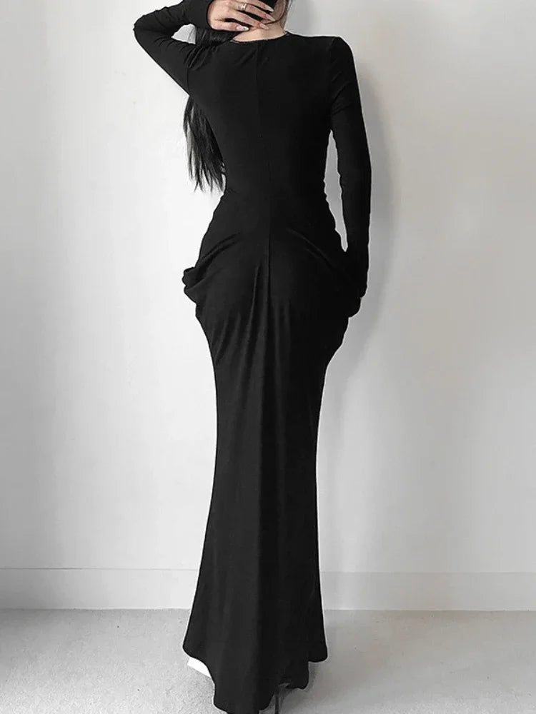 AltGoth Fairycore Grunge Elegant Midi Dress Women Mall Gothic Sexy Lace Patchwork Hollow Out Long Sleeve High Waist Corset Dress