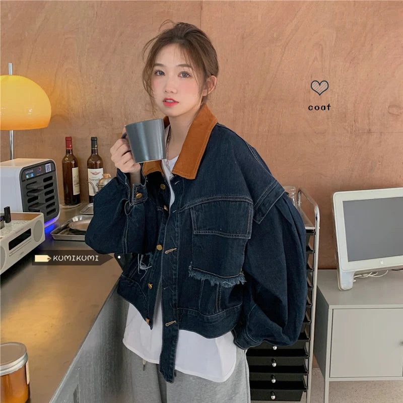 Women's Corduroy Collar Denim Jaet ort Loose Fit Autumn Winter plus Size Versatile Retro Sle Top for Full Figured Ladies