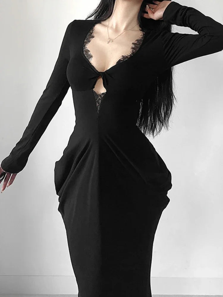 AltGoth Fairycore Grunge Elegant Midi Dress Women Mall Gothic Sexy Lace Patchwork Hollow Out Long Sleeve High Waist Corset Dress