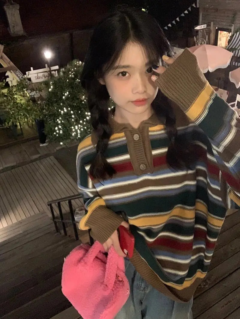 Retro Lazy Sle Women's  Ne Sweater Spring Autumn Loose  Stripes Knitted Top Comfortable Breathable Warmth