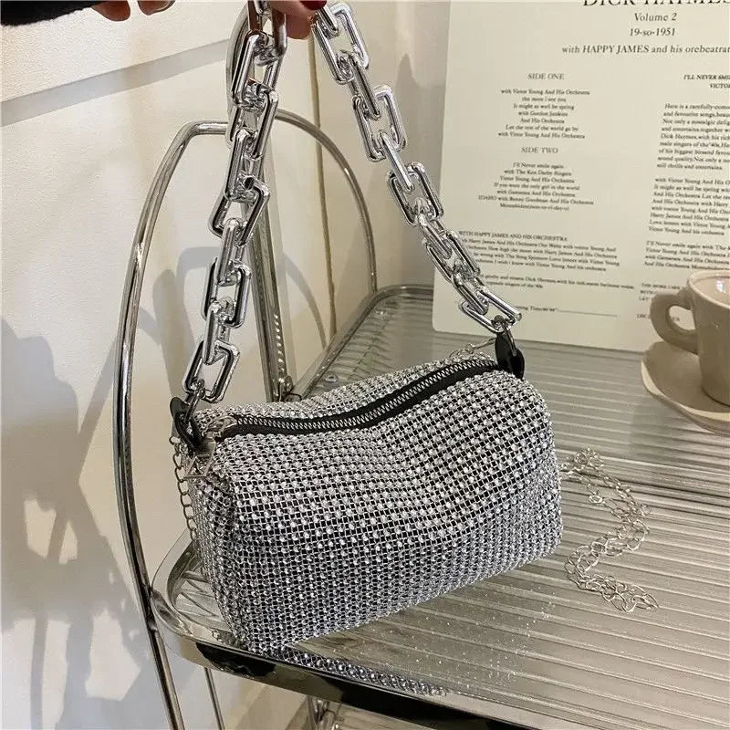 Allover Rhinestone Bucket Bag, Glitter Chain Prom Purse, Women's Mini Crossbody Bag