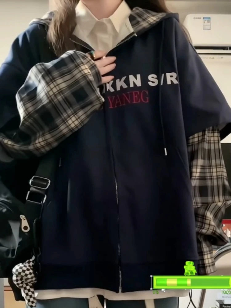 Patchwork Plaid Hoodies 2025 Women's Clothing Streetwear Fashion Sweatshirts Y2k Tops Thicked Hooded Casual Oversized Hoodie