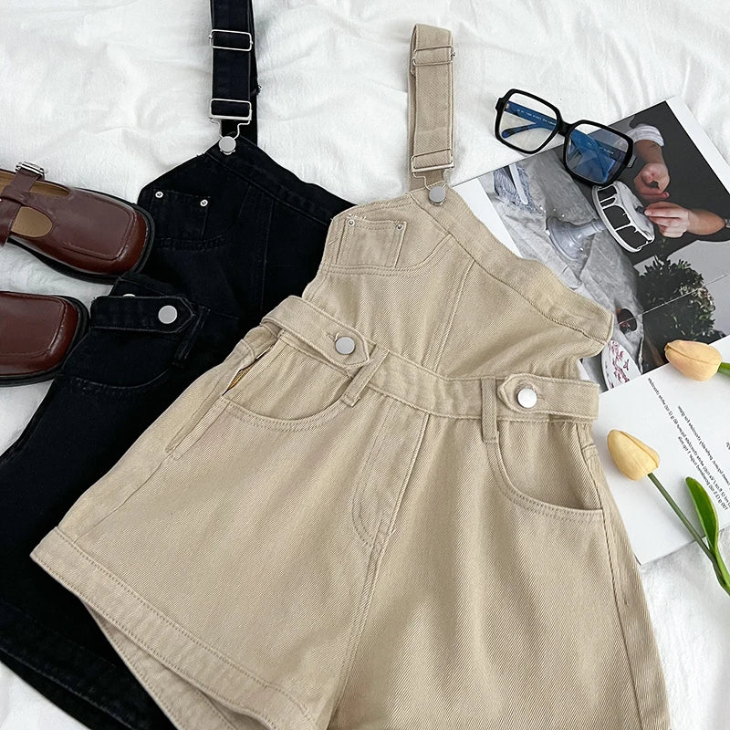 Casual Denim Jumpsuits Women Spring Summe Retro Short  Fashion  One-shoulder Wide Leg Pants 2024 New Cool Girls Streetwear