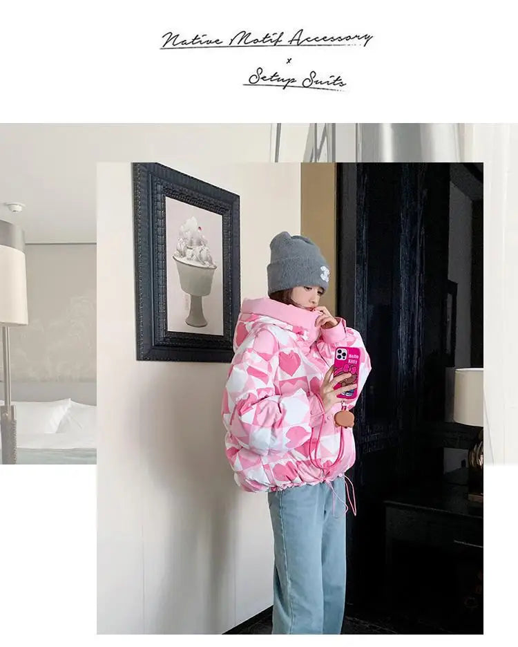 Duck Down Coat for Women, Loose and Thicken Hooded Parkas, Printed Outerwear, Female Bread Jackets, Winter Clothing, New, 2024