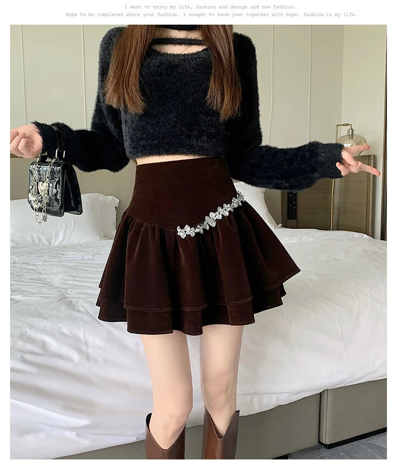 Bla Velvet Cake f Skirt Women's Autumn Winter High Waist A-Line Fluffy ort Skirt Small Size Pleated f Skirt