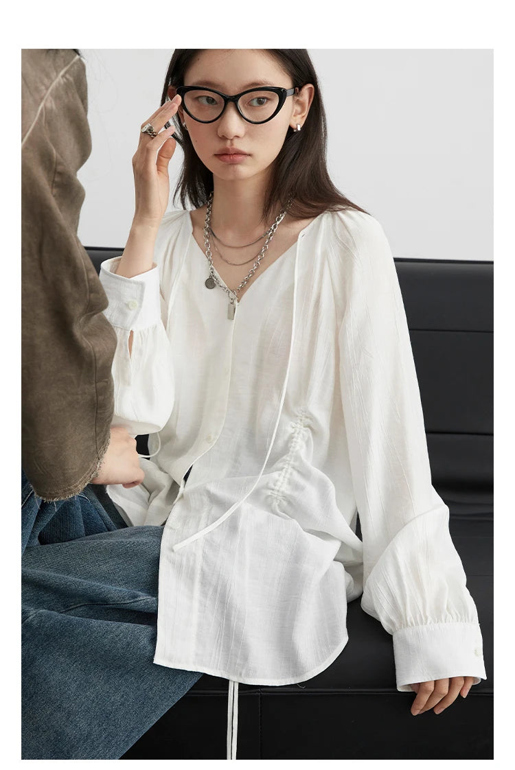 CHIC VEN Women Loose Lace Up Shirt Solid New Korean V-neck Pleated Raglan Long Sleeved Blouses Female Tops Spring Summer 2025