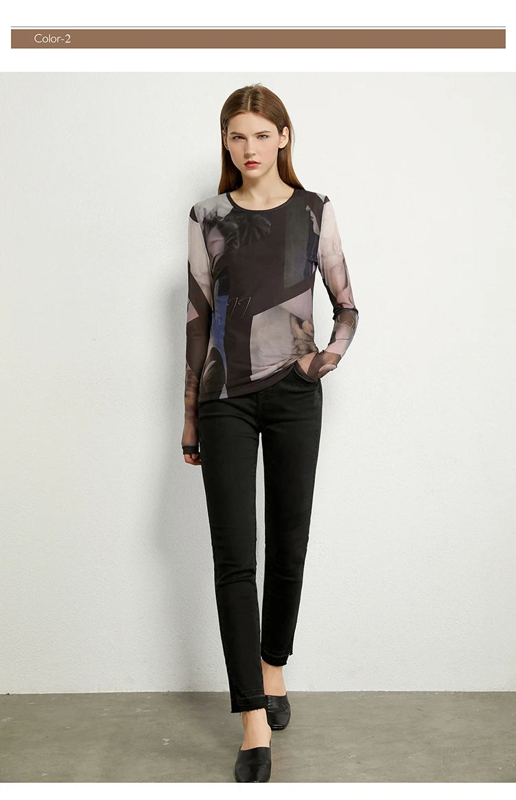 AMII Minimalism Long sleeve T-shirts for Women 2025 Spring New Bottoming Shirt Mesh Printing Inside Slim Trendy Tops 12421003
