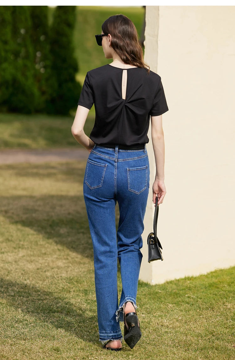 AMII Minimalism 100% Cotton Hollow Out Solid Short Sleeves Tees 2025 Spring New V Neck Top Women Casual Female T Shirt 12342289