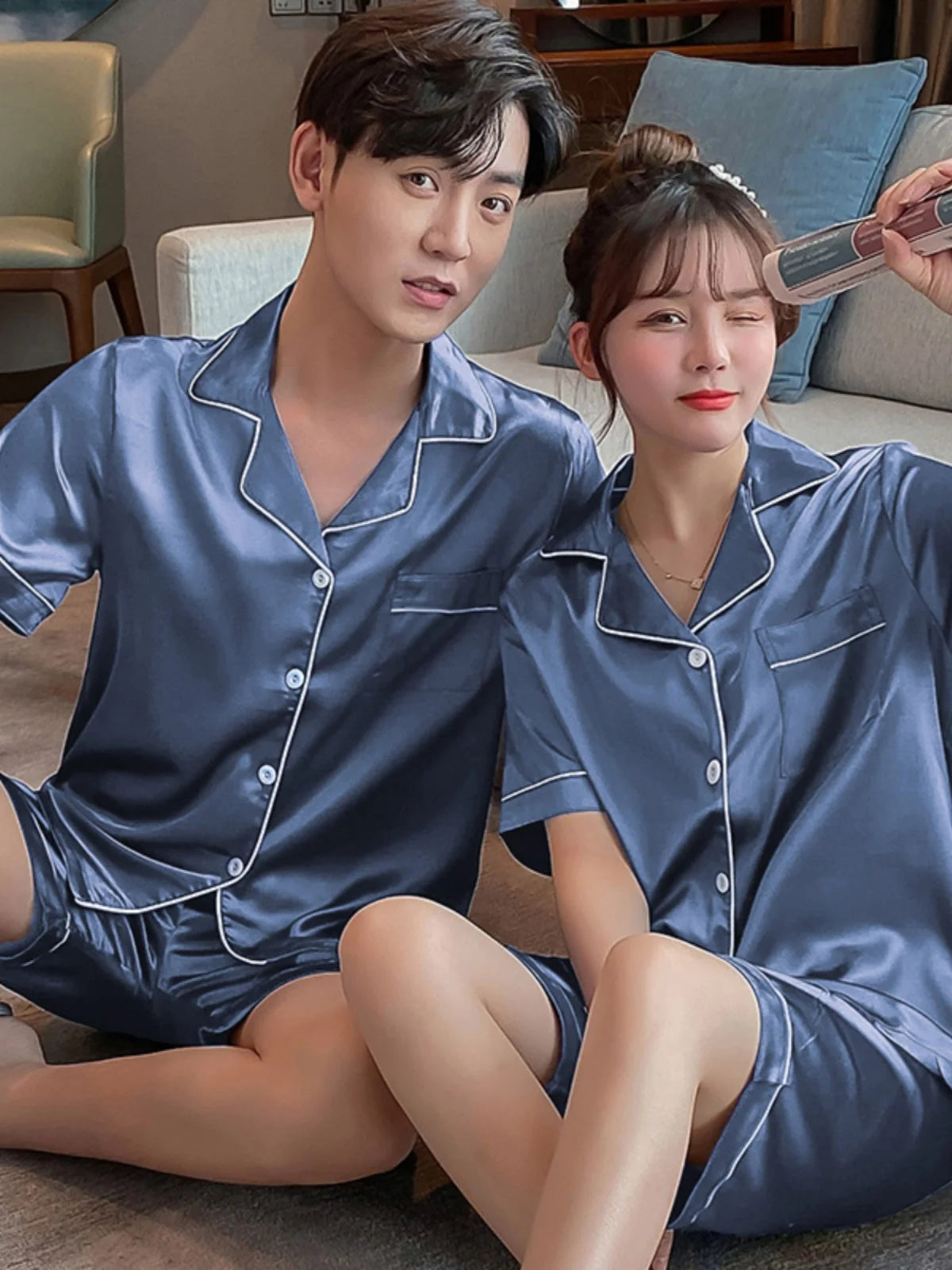 Couples Summer Ice Silk Thin ort Sve Spwear Home Clothes ort Pants Large Size Set Ladies Summer Silk New Model