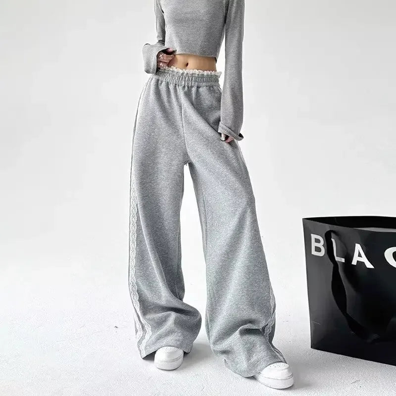 Trendy Casual Wide Leg Pants Women's Autumn Winter High Waist Splicing Lace Trim Drapey Slimming Sporty Trousers