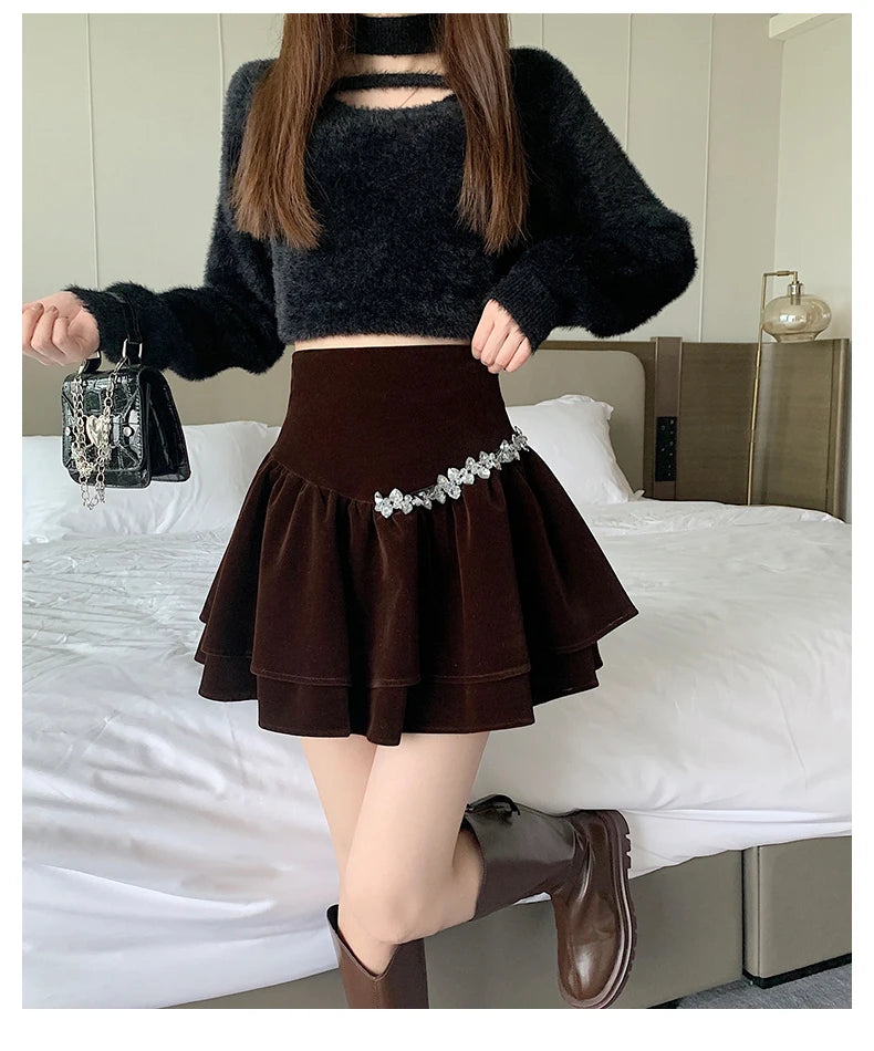 Bla Velvet Cake f Skirt Women's Autumn Winter High Waist A-Line Fluffy ort Skirt Small Size Pleated f Skirt