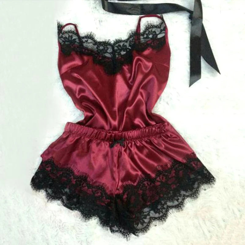 Fashion Nightwear Lace Trim Satin Cami Top Pajama Sets Sexy Hot Erotic Home Wear Women Pajamas Women Sleepwear Sleeveless Strap