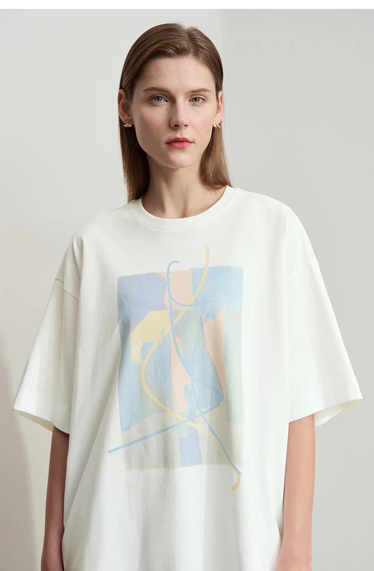 Amii Minimalist Summer T-shirt Women Irregular Design Tops Casual O-neck Abstract Print Loose Dropped Shoulder T-shirt 12522081