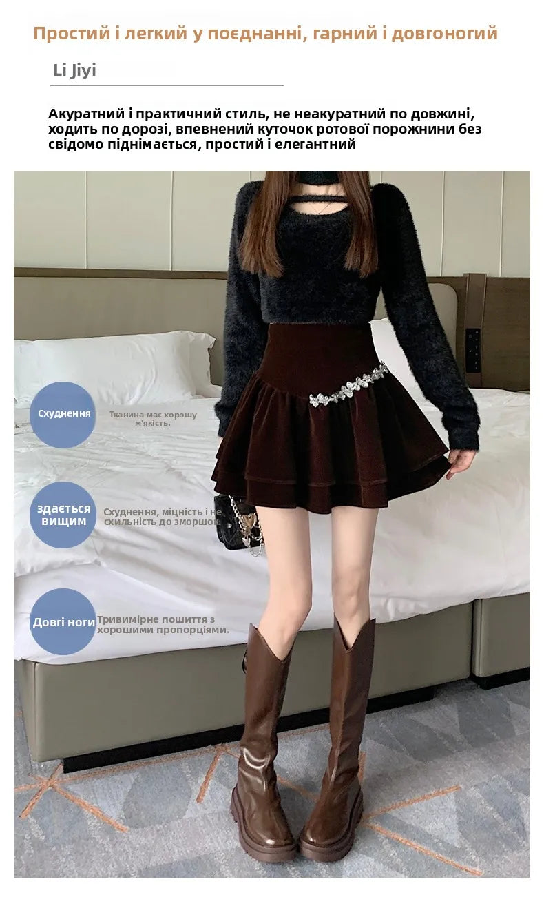 Bla Velvet Cake f Skirt Women's Autumn Winter High Waist A-Line Fluffy ort Skirt Small Size Pleated f Skirt