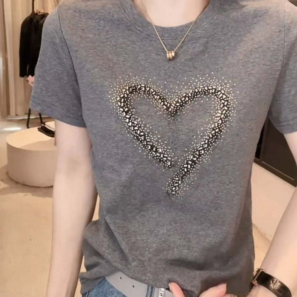Pure Cotton Round Neck Short Sleeve Diamond Heart Print Tshirt Women Loose Casual Elegant Top