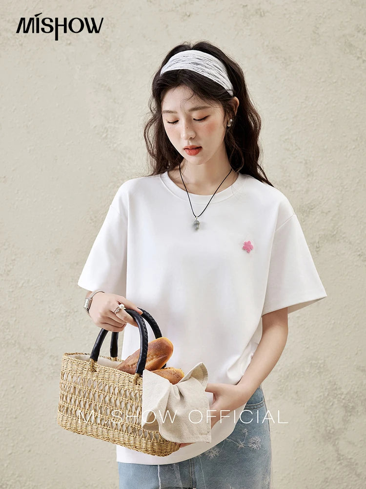 MISHOW Casual Graffiti T-shirt Women Summer 2025 Short Sleeve Round Neck Loose Shirts Female New Fashion Tops Lady MXE15T0475