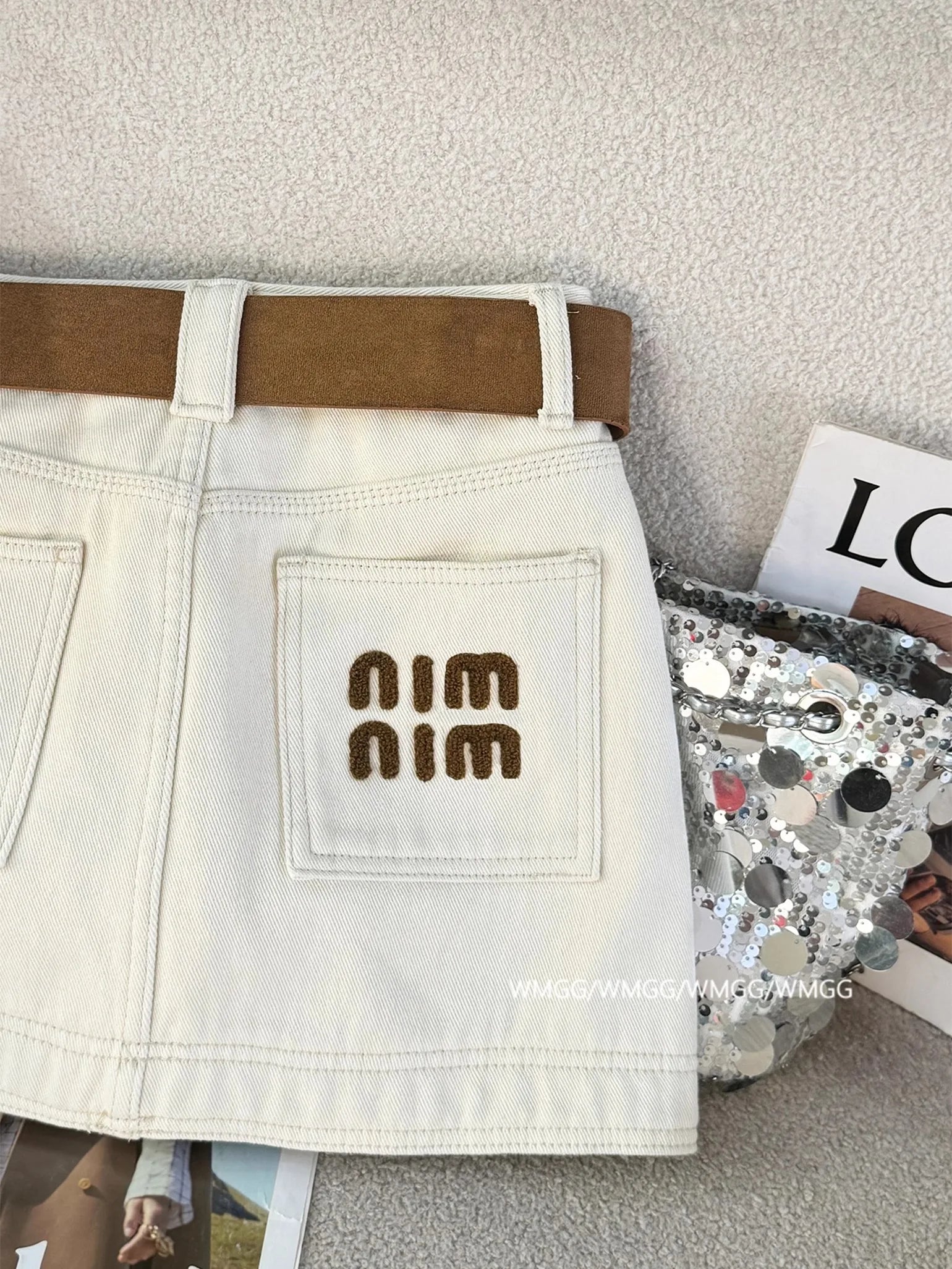 High Waist Embroidered Letter Denim  Skirt Slimming Women's Faion Commute Sle Cotton Blend ort Skirts