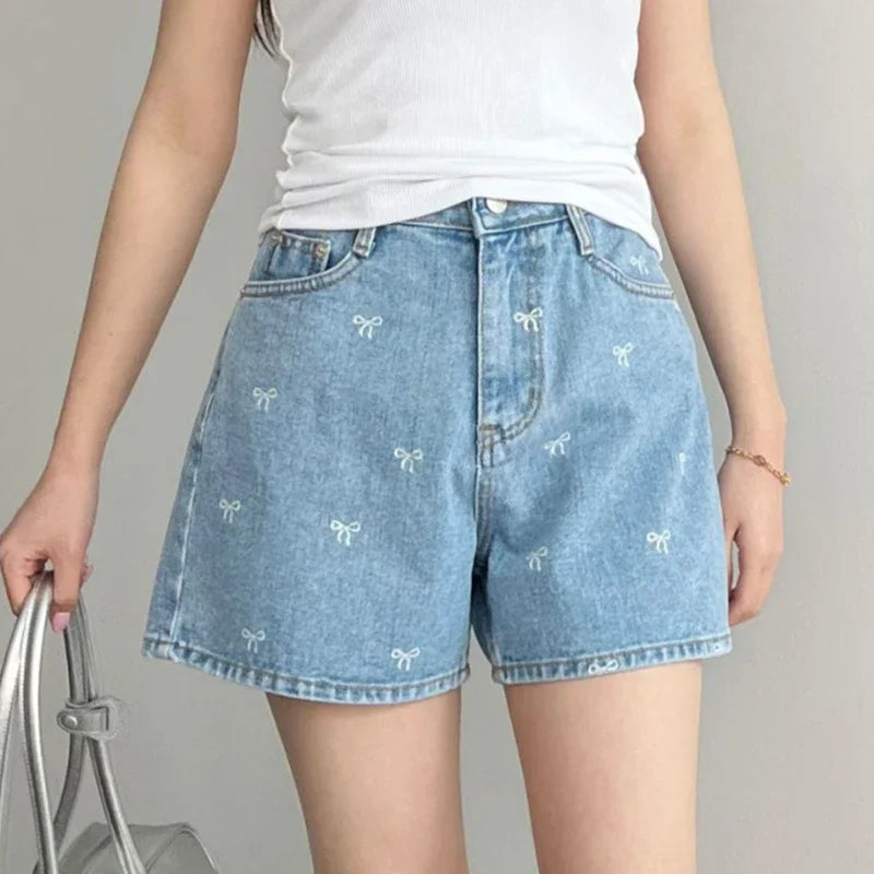HELIAR Women Bowknot Embroidery Denim Shorts With Pockets Casual High Waist A-line Jean Shorts Female Office Trousers Summer