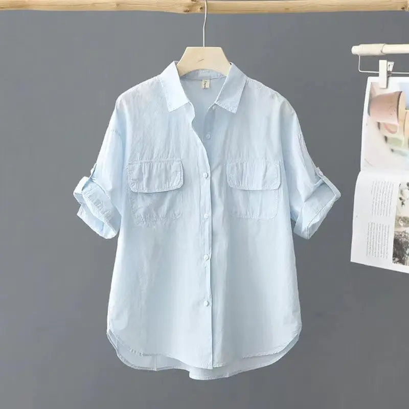 Summer Korean Style Solid Cotton Chic Women's Shirt Casual Loose All Match Office Lady Blouse Female Short Sleeve Blusas Mujer