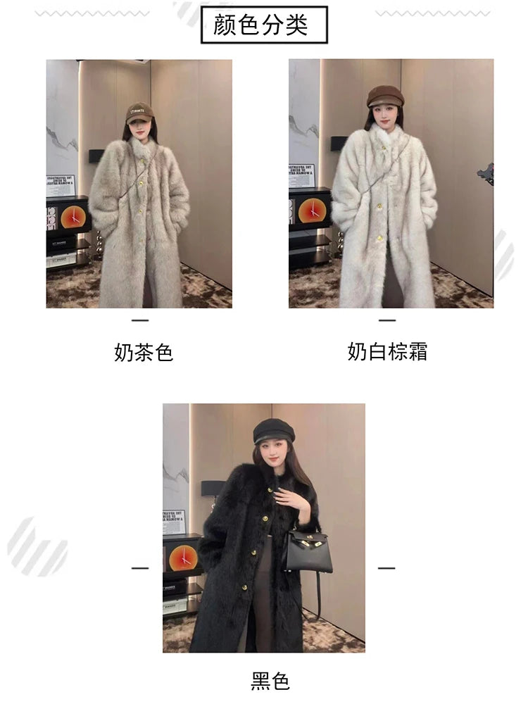 Lautaro Autumn Winter Long Thick Warm Hairy Soft Faux Fox Fur Coat Women Stand Collar Elegant Luxury Chic Fluffy Jacket 2024