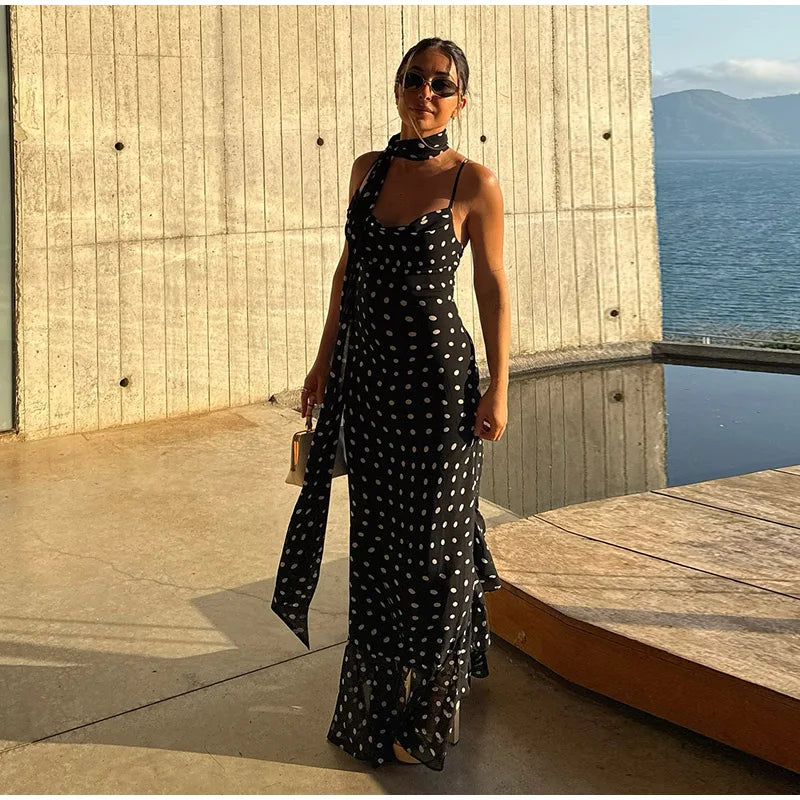 Retro Polk Dot Long Dress With Ribbon Women Sexy Low Cut Sleeveless Pleated Slim Evening Dresses Female Spring Chic Street Party