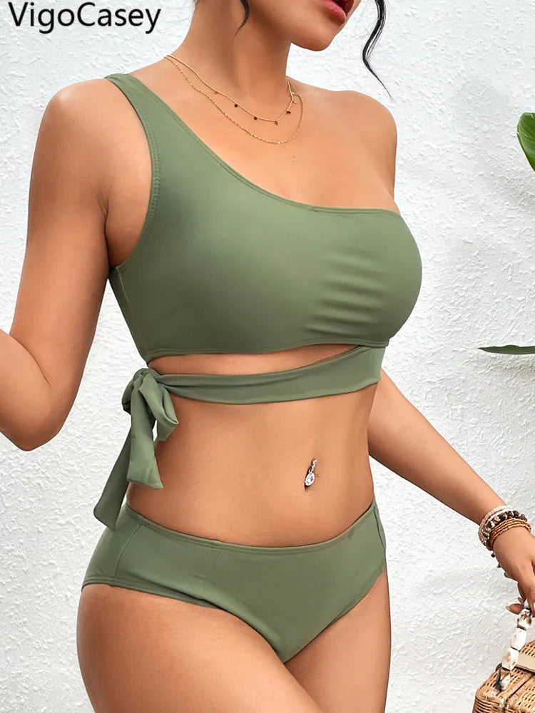 VigoCasey Sexy 2025 One-shoulder Solid Swimwear Women Hollow Push Up Bikini High Cut Lady Swimsuit Brazilian Beach Bathing Suit