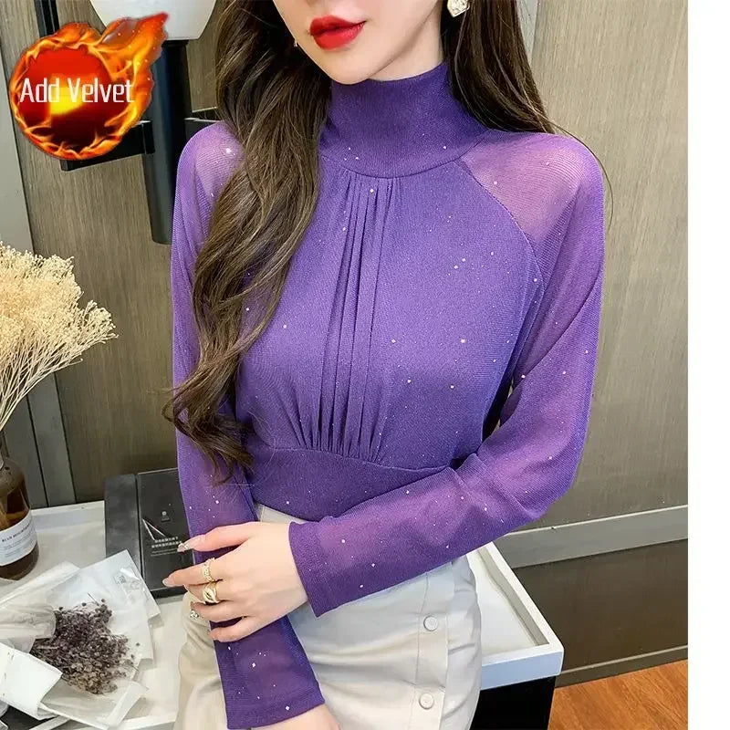 Sequin Long Sleeve T Shirt for Women Rhinestone Slim Plain Glitter Tops Woman Korean Popular Clothes With Sleeves Pulovers Kpop