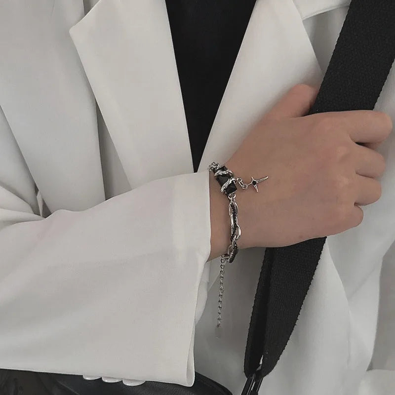 2024 Retro Black Zircon Star Bracelet for Women Men Gifts Trend Titanium Steel Chain Unisex Goth Jewelry New Couple Accessories
