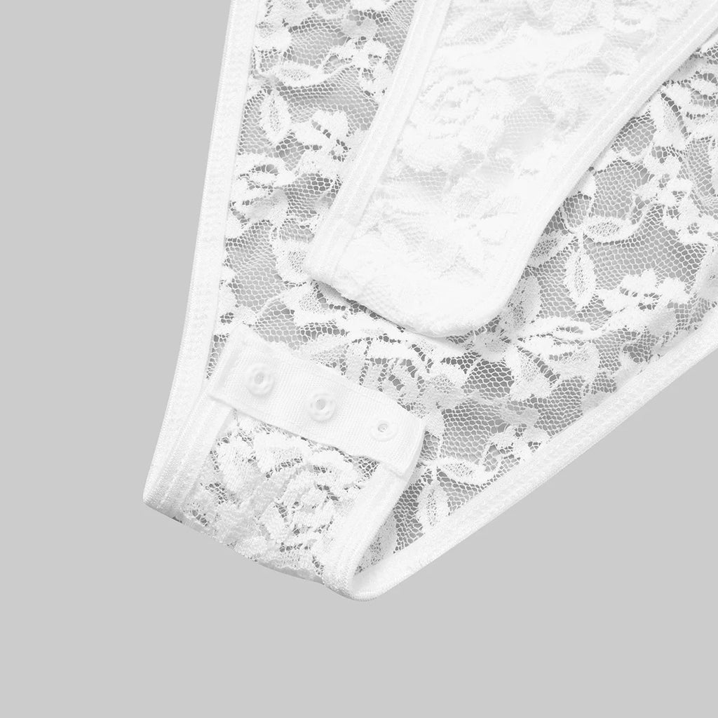 Women Elegant White Lace V-Neck Bodysuits Sexy One Piece Fitted Bodyshaper Jumpsuits Long Sleeves Shapewear Slimming Waist Tops