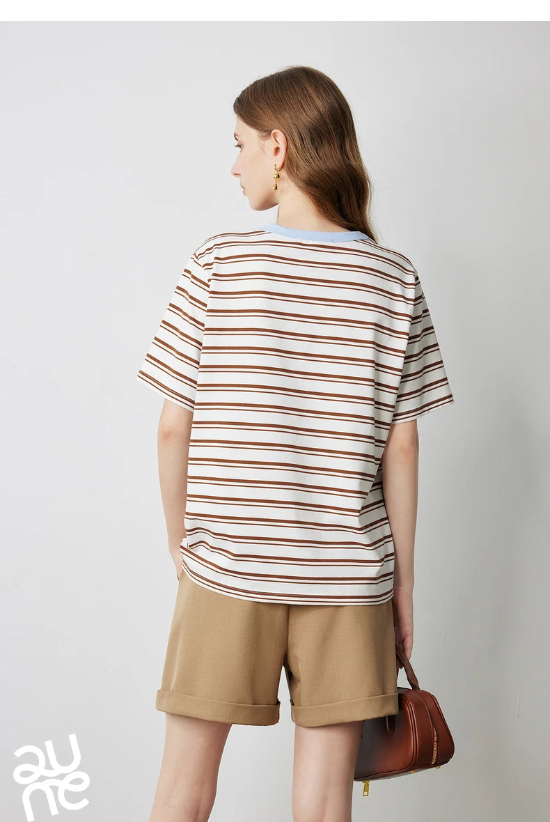 TOYOUTH Women Striped Short Sleeved T-shirt 2024 Summer New Academy Style Round Neck Top