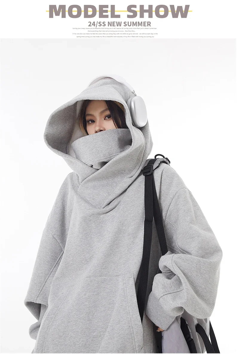 Autumn Solid Color Ninja Turtleneck Hoodies For Men Y2K Vintage Fleece Sweatshirts Hip Hop Japanese Streetwear Oversized Hoodie