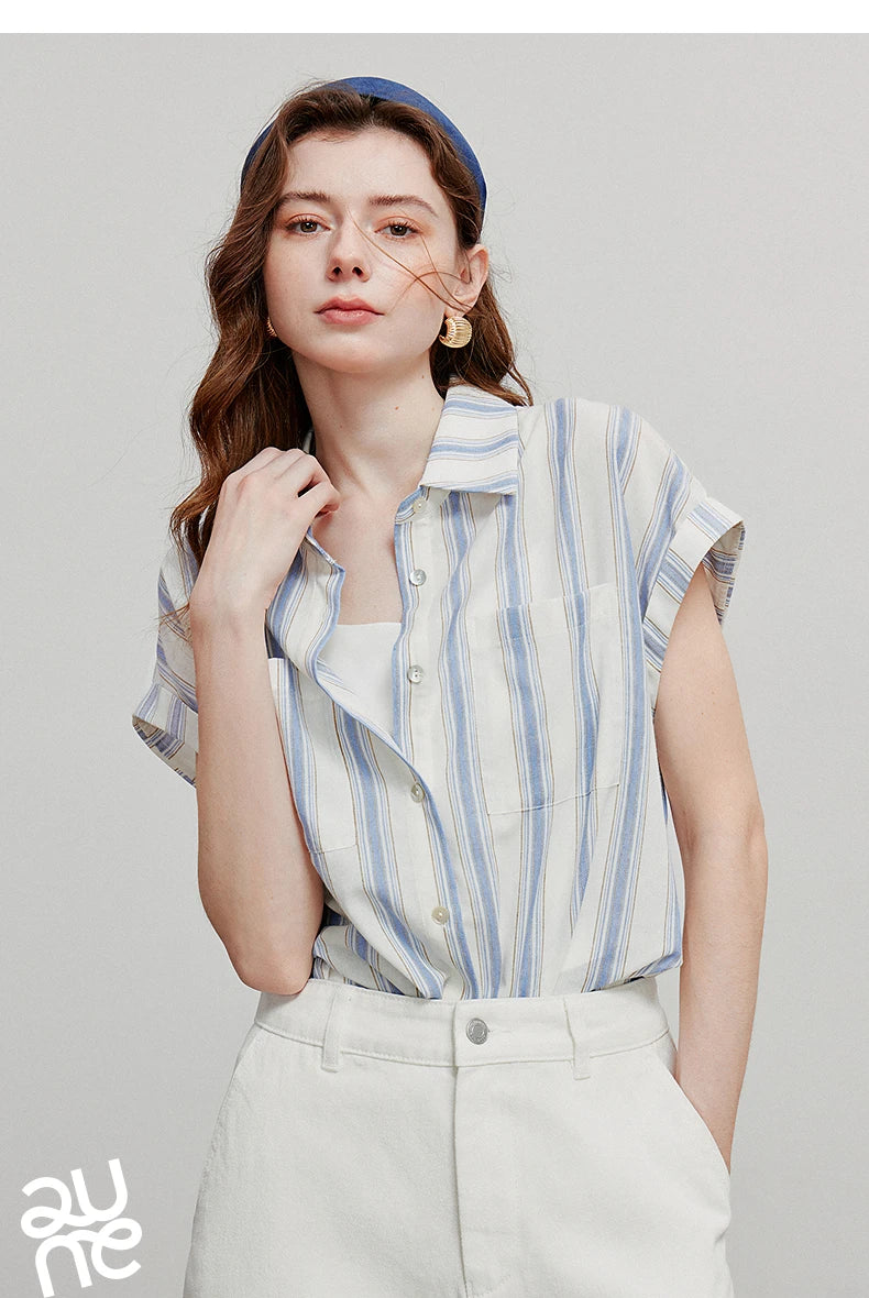 TOYOUTH Women Blouse Shirt 2025 Summer New Blue and White Striped Sleeveless Turn Down Collar Casual Shirt Tops 8522042