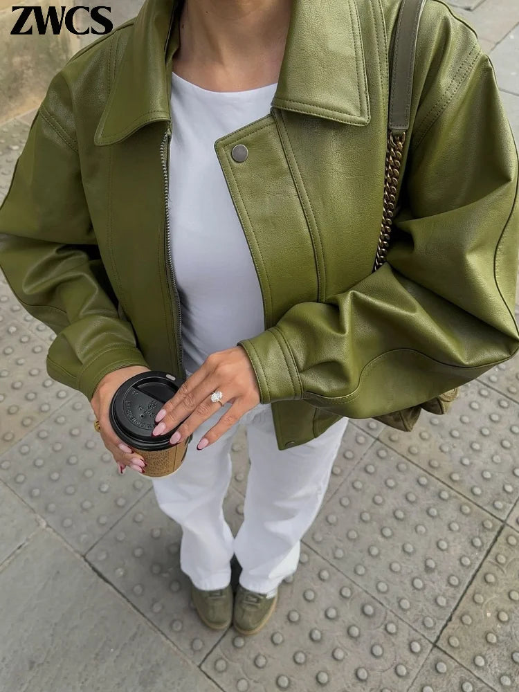 Fashion Green PU Leather Jacket Women Laple Zipper Loose Full Sleeve Single Breasted Cropped Coat 2024 New Lady Solid Streetwear