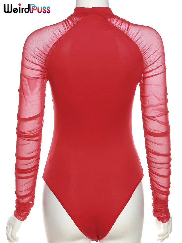 Weird Puss 2025 Mesh Patchwork Bodysuit Sexy Women Sleeve Ruched Skinny Turtleneck Bodycon Elegant Wild Tops Streetwear Outfits