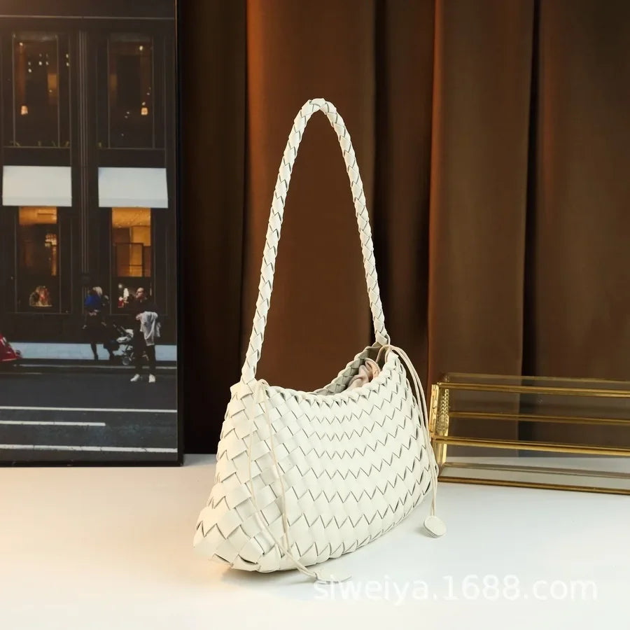 Handcrafted Woven Shoulder Crossbody Bag Simple Casual Ladies Handbag Underarm Bag Fashion Crescent Soft PU Leather Handbag