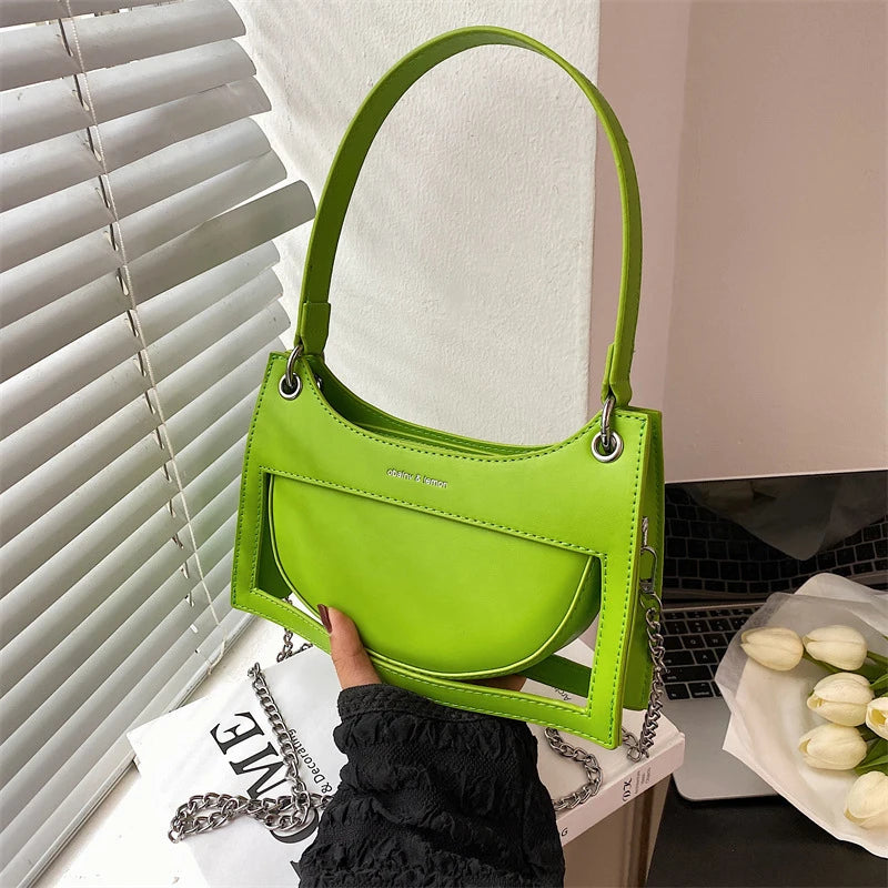 Hollow Out Design Women Underarm Bags Solid Colour Zipper Casual Female Handbags Simple Trend Chain Ladies Trapeze Bags