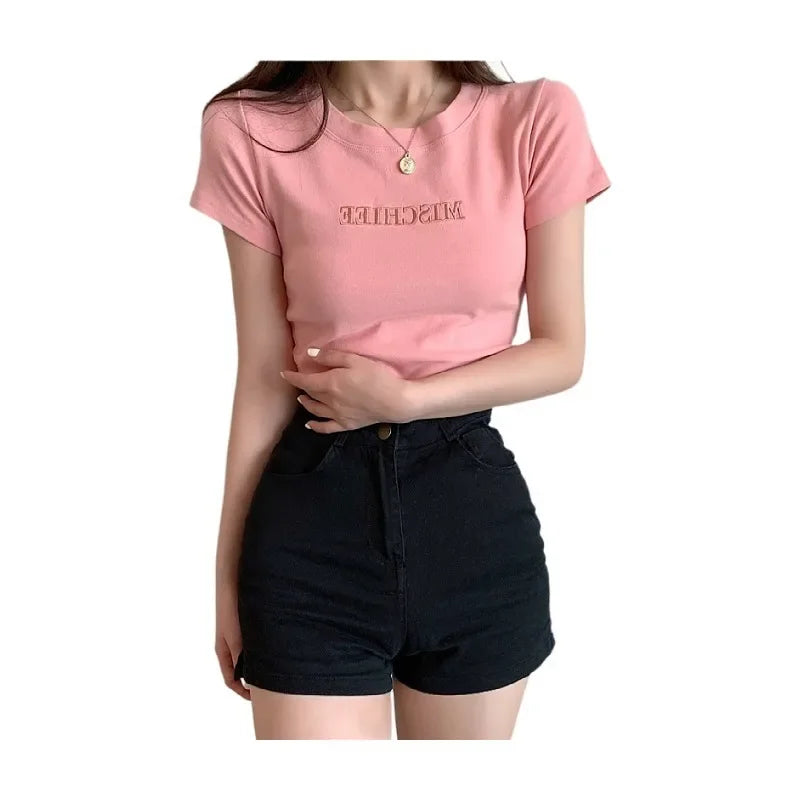 Fashionable Letter Embroidery Short Sleeve T-Shirt Women's Loose-Fit Summer New Style Slimming Base Layer Korean Version