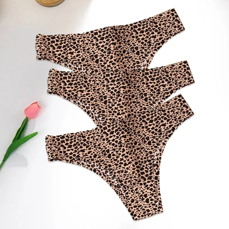 WarmSteps 3Pcs/Set Sexy Leopard Thongs Women's Panties Thongs 2024 New Female Underwear Seamless Printed Panties Ice Silk Briefs