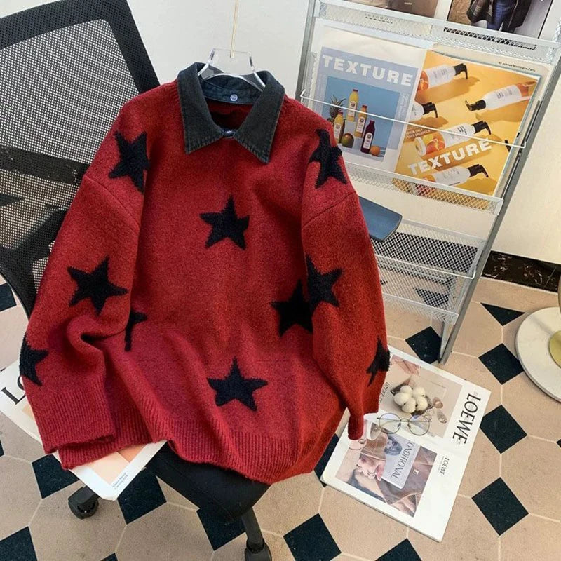 Zoki Star Print Y2K Sweaters Women American Red Patchwork Knitted Jumpers Tops Loose Female Design Turn Down Collar Pullovers
