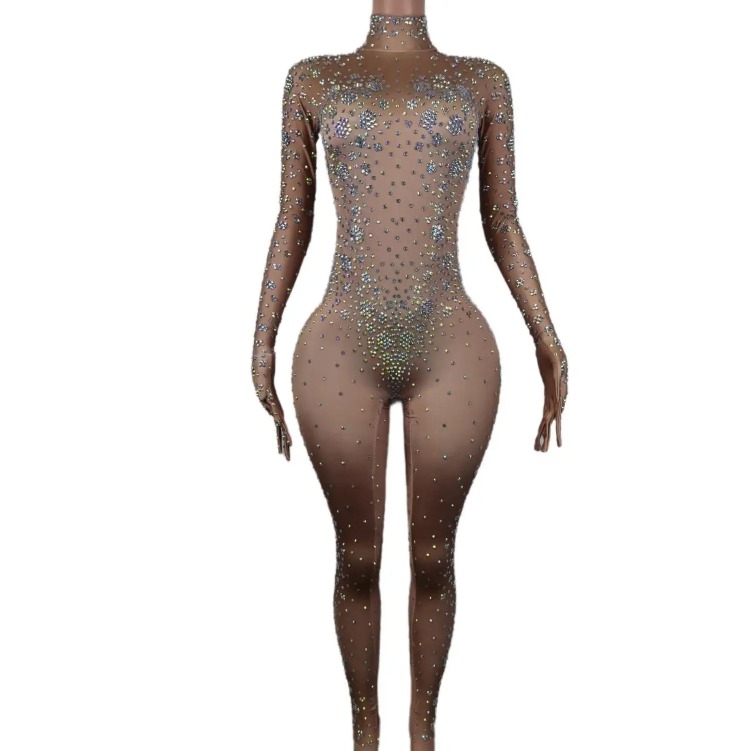Luxury Nude See Through Rhinestone Bodysuit Fashion Outfits Show Dance wear Club Party Rompers Crystal Mesh Jumpsuits for Women