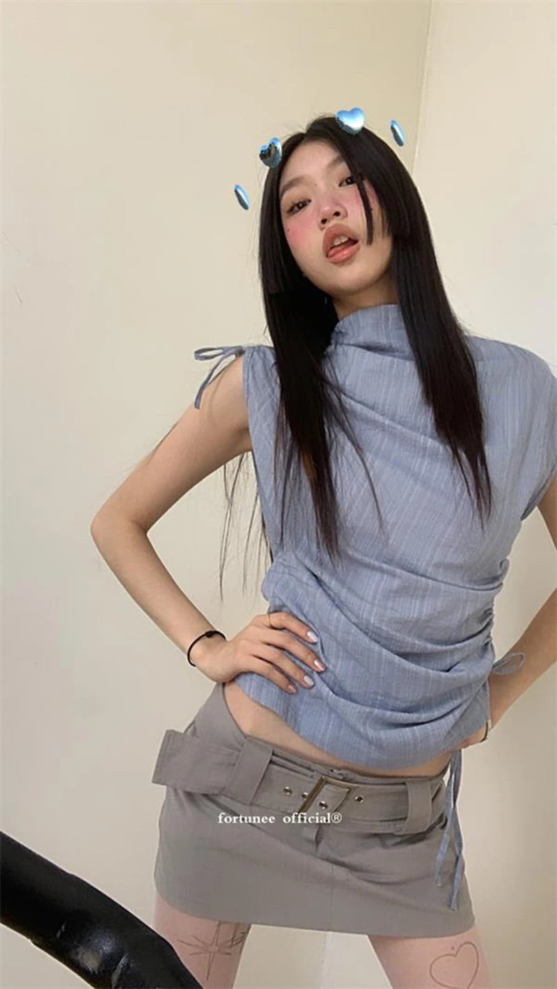 Zoki Streetwear Y2K Slim Tanks Women Shirring Vintage Casual Tops Summer Sleeveless Female Retro Half Turtleneck Harajuku Tanks