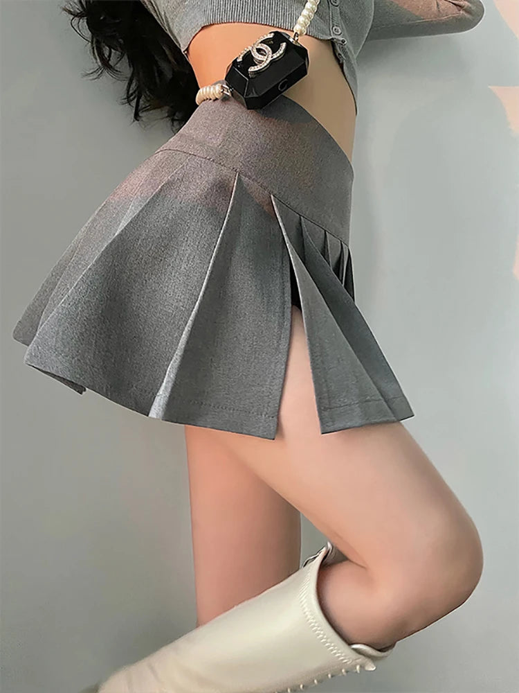 HOUZHOU Sexy Pleated Mini Skirt Women Fashion 2024 Grey Side Split High Waist A-line Slim Short Skirts Korean Y2K Skort Preppy