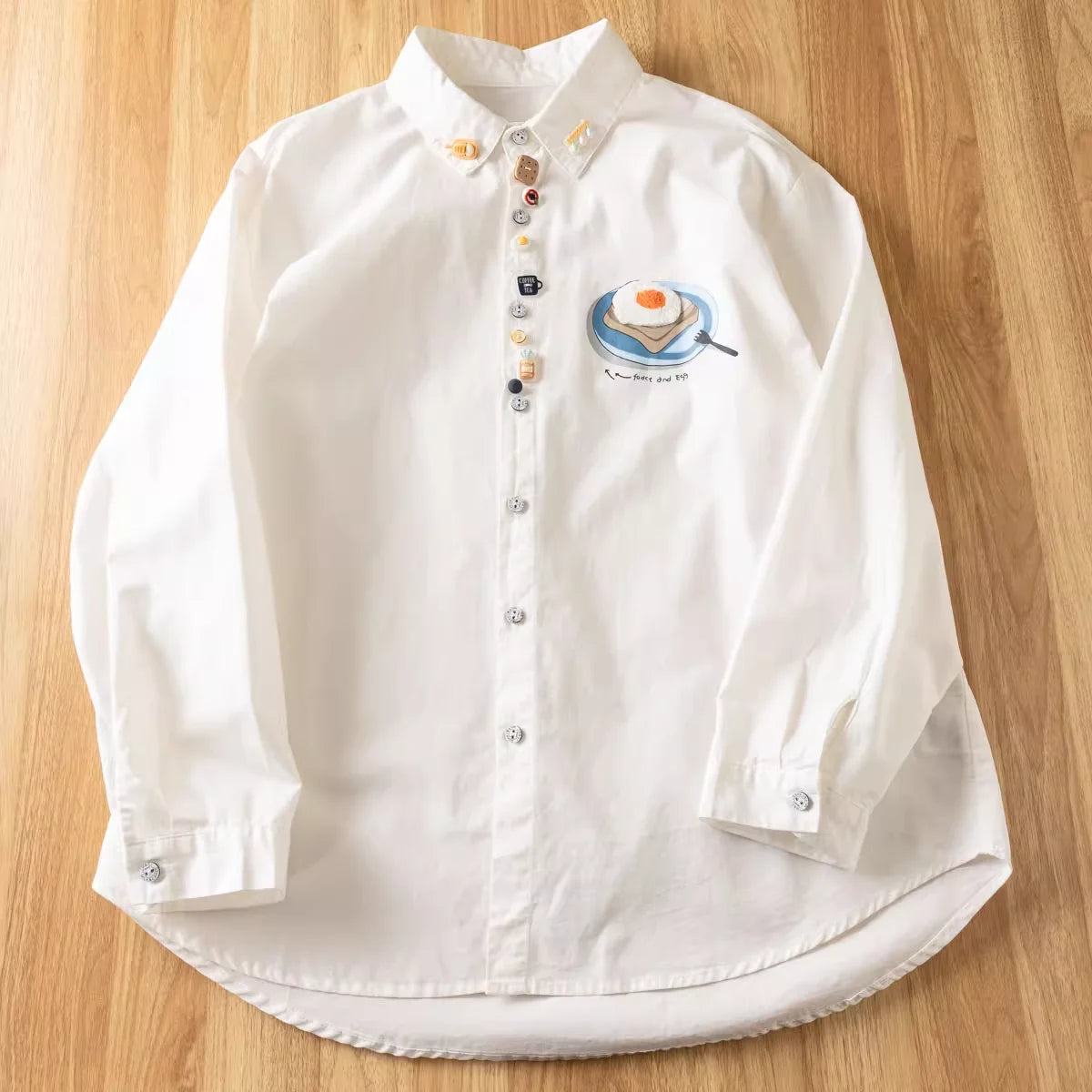 2025 Japanese vintage fashion cartoon buttons white beige green shirts and blouses for women spring long sleeve tops